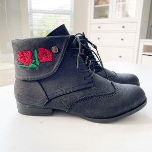 Steven Ella Black Lace-up Embroidered Short Boots T1657 B3